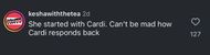 The comment section under @livebitez's post about Cardi B clapping back at a TikTok user's comment on her body. (Image via X/@livebitez)